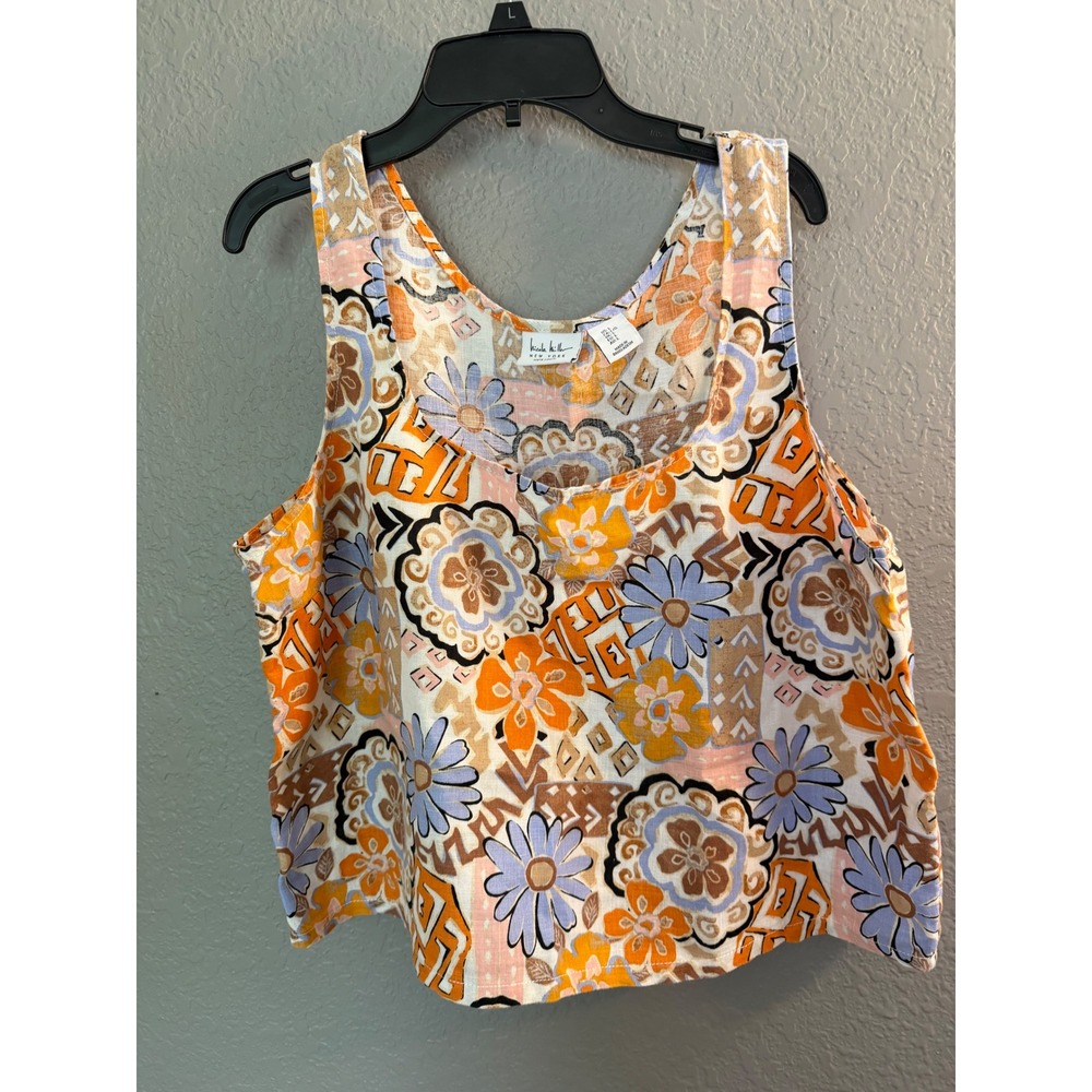Nicole Miller‎ New York  100% Linen Floral Tank Top Orange Lavender Large Garden